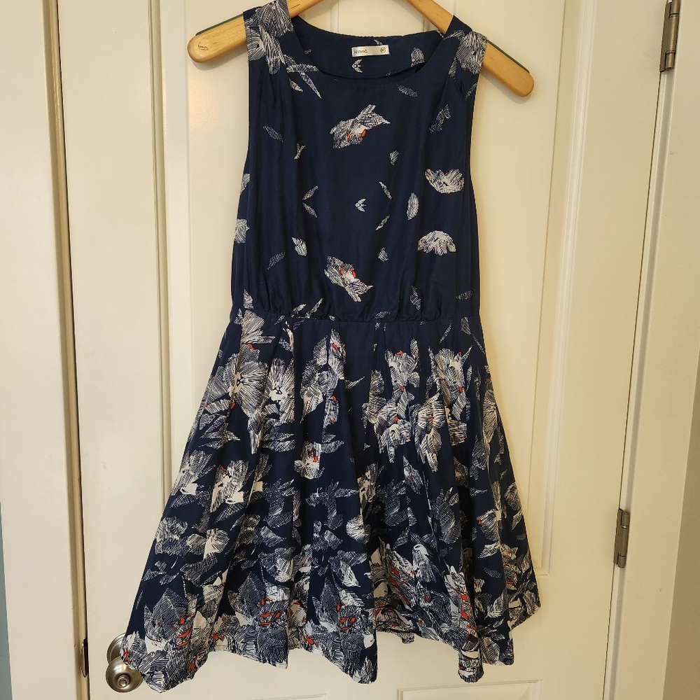 Lavand Navy Blue Dress White Orange Print Sleeveless Cutout Back Mini Medium